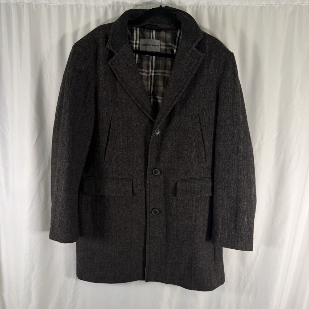 Johnston Murphy Wool Blend Pea Coat Men Large Brown Grey 3 Button Inside Pockets